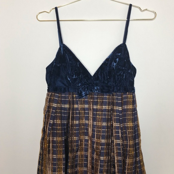 ๐HP๐ANNA Sui Blue Velvet & Gold Plaid Bow Dress - Picture 2 of 6
